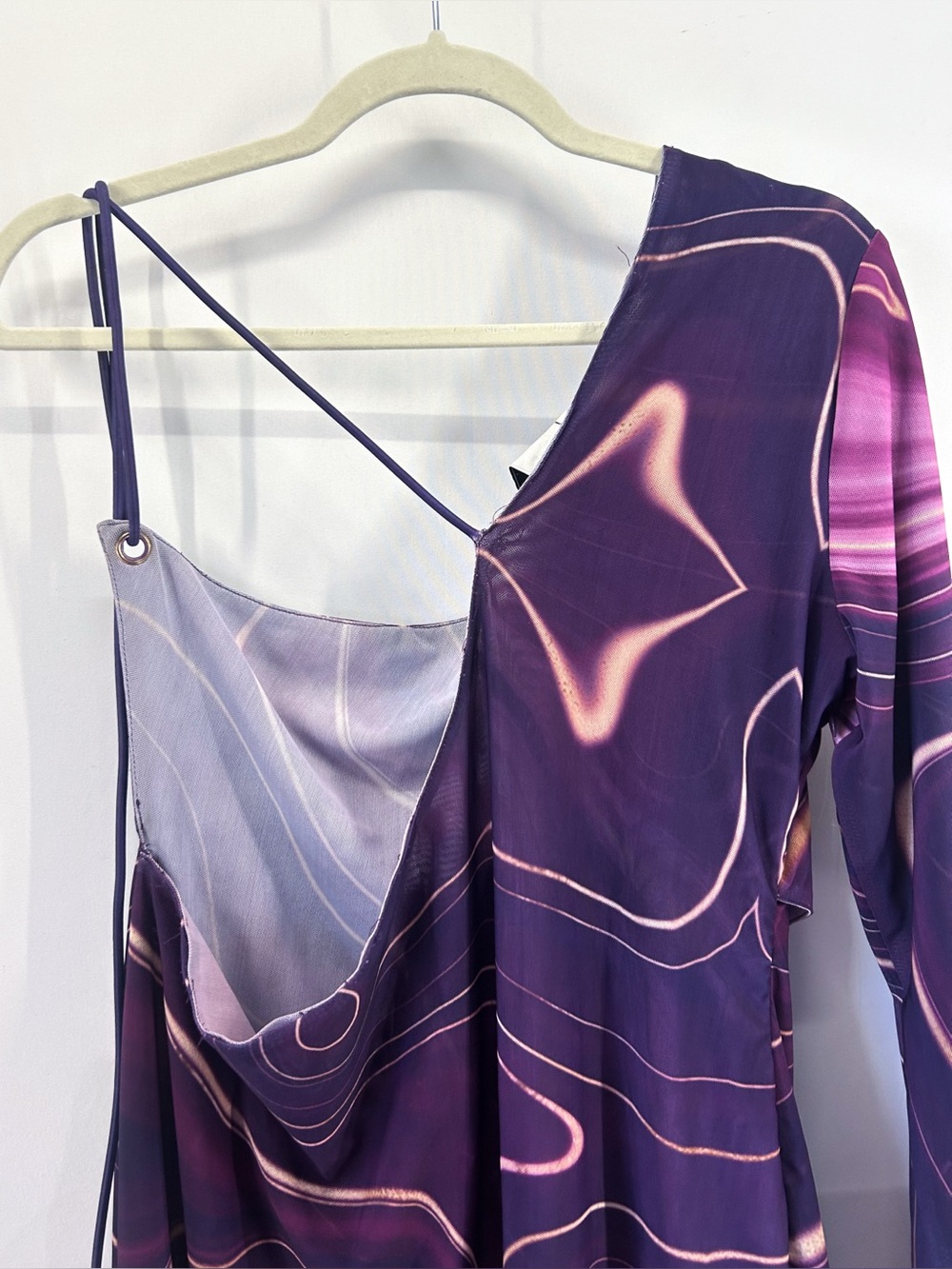 BBXBrand Mesh Purple Swirl Abstract One Shoulder Long Sleeve Midi Dress Size 14 - Picture 7 of 10